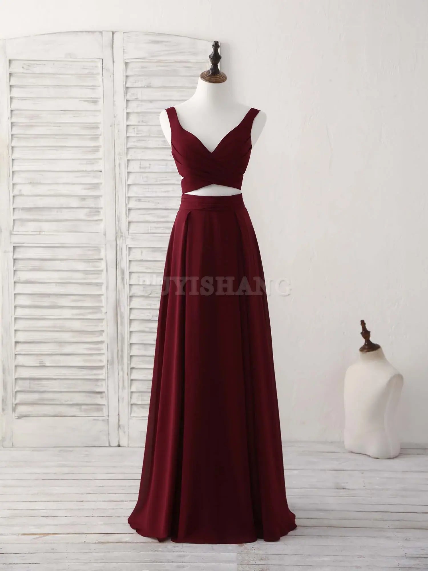 Buyishang Burgundy Two Pieces Chiffon Long Prom Dress Evening Dress Bridesmaid dress shop